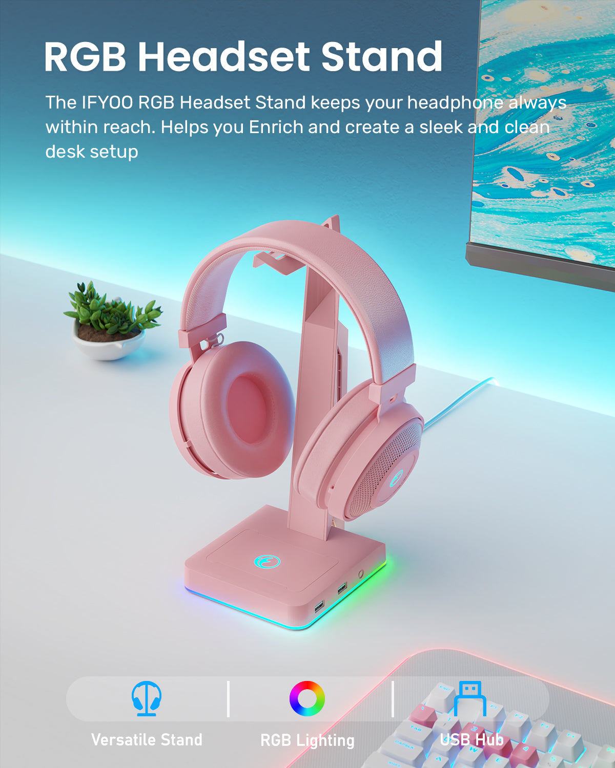 IFYOO HS-X1 RGB Gaming Headset Stand with 2 USB Ports, Game Headphone Mount for PC, Xbox One, PS4, PS5, Switch, Earphone Holder Hanger, Great for Gaming Stations, Fancy Desk Gamer Accessories
