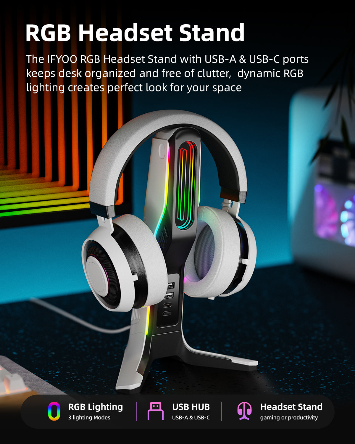 IFYOO HS-X2 RGB Gaming Headset Stand with 2 USB and 1 Type-C Ports, Game Headphone Mount for PC Computer, Xbox One, Xbox Series S/X, PS5, PS4, Earphone Holder Hanger, Desk Gamer Accessories