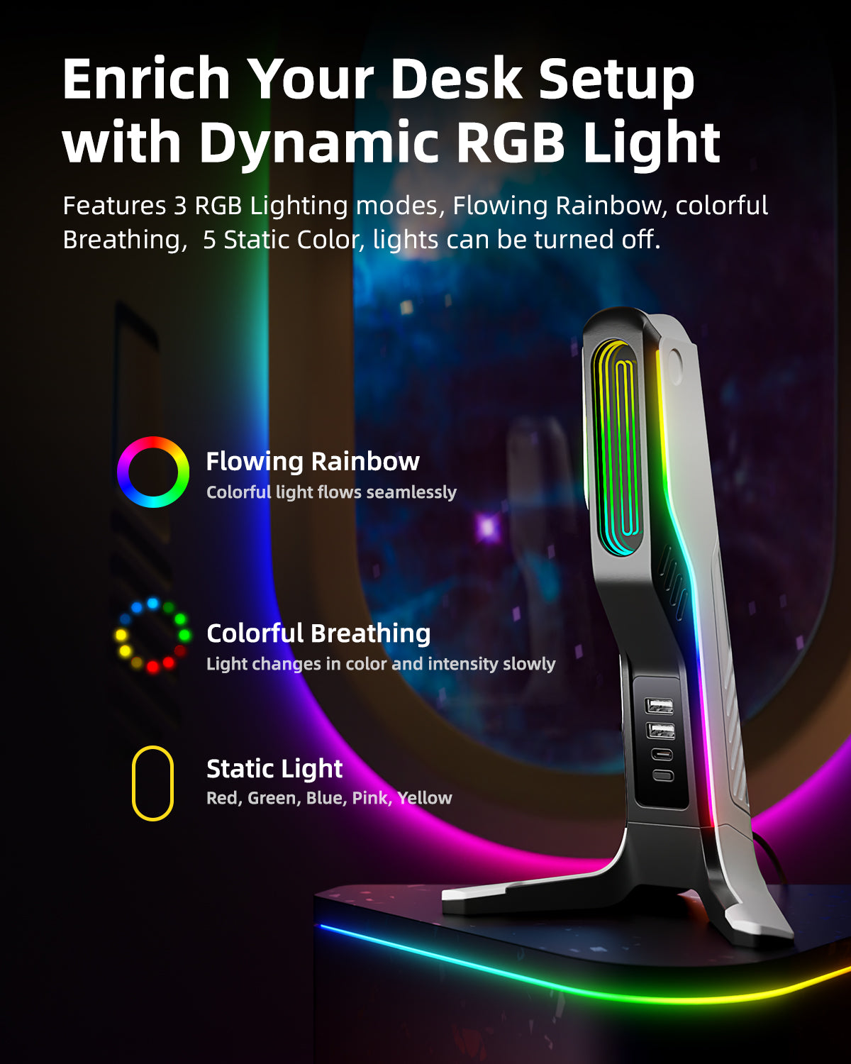 IFYOO HS-X2 RGB Gaming Headset Stand with 2 USB and 1 Type-C Ports, Game Headphone Mount for PC Computer, Xbox One, Xbox Series S/X, PS5, PS4, Earphone Holder Hanger, Desk Gamer Accessories