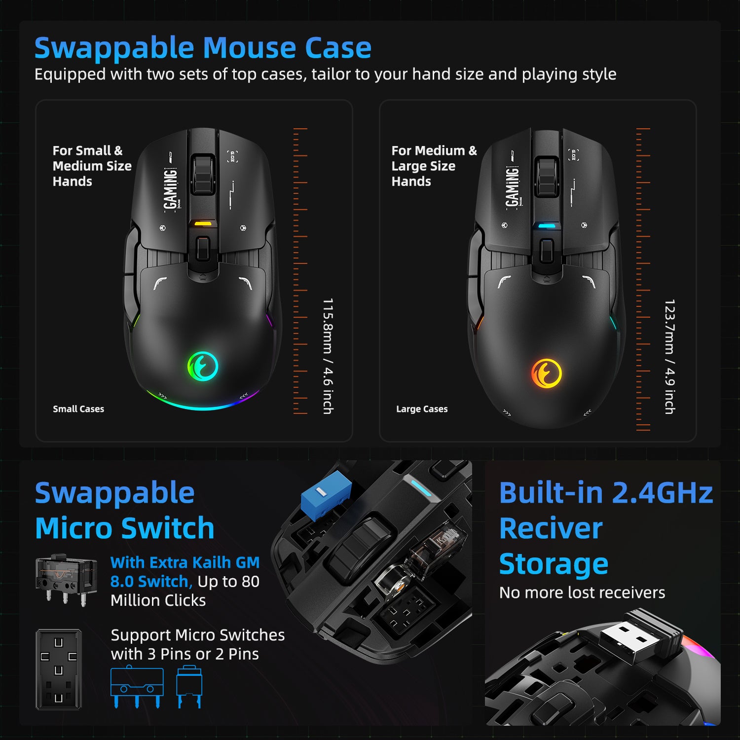 IFYOO G03 RGB Wireless Rechargeable Gaming Mouse, 2.4G/Wired Dual Mode Game Mice,PAW3395 Sensor, 26K DPI, Replaceable L/R Switches, Swappable Top Case, 80g Lightweight, 6 Programmable Buttons - Black