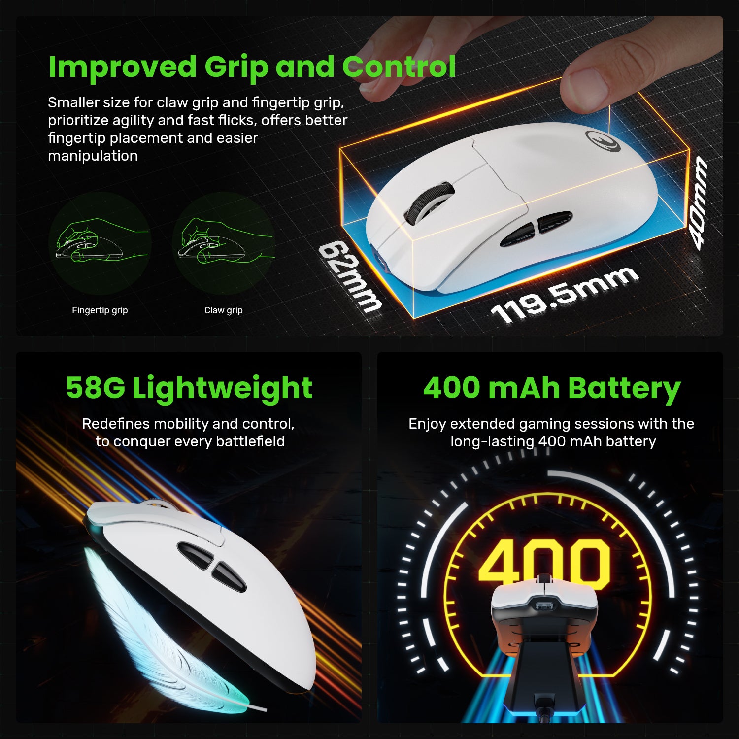 IFYOO G63 2.4G/BT/Wired Tri-Mode 4K Wireless Gaming Mouse, PAW3395 Sensor, 58g Lightweight, 4000 Polling Rate, 26K DPI, 5 Programmable Buttons, RGB Magnetic Charging Dock with Wireless Receiver