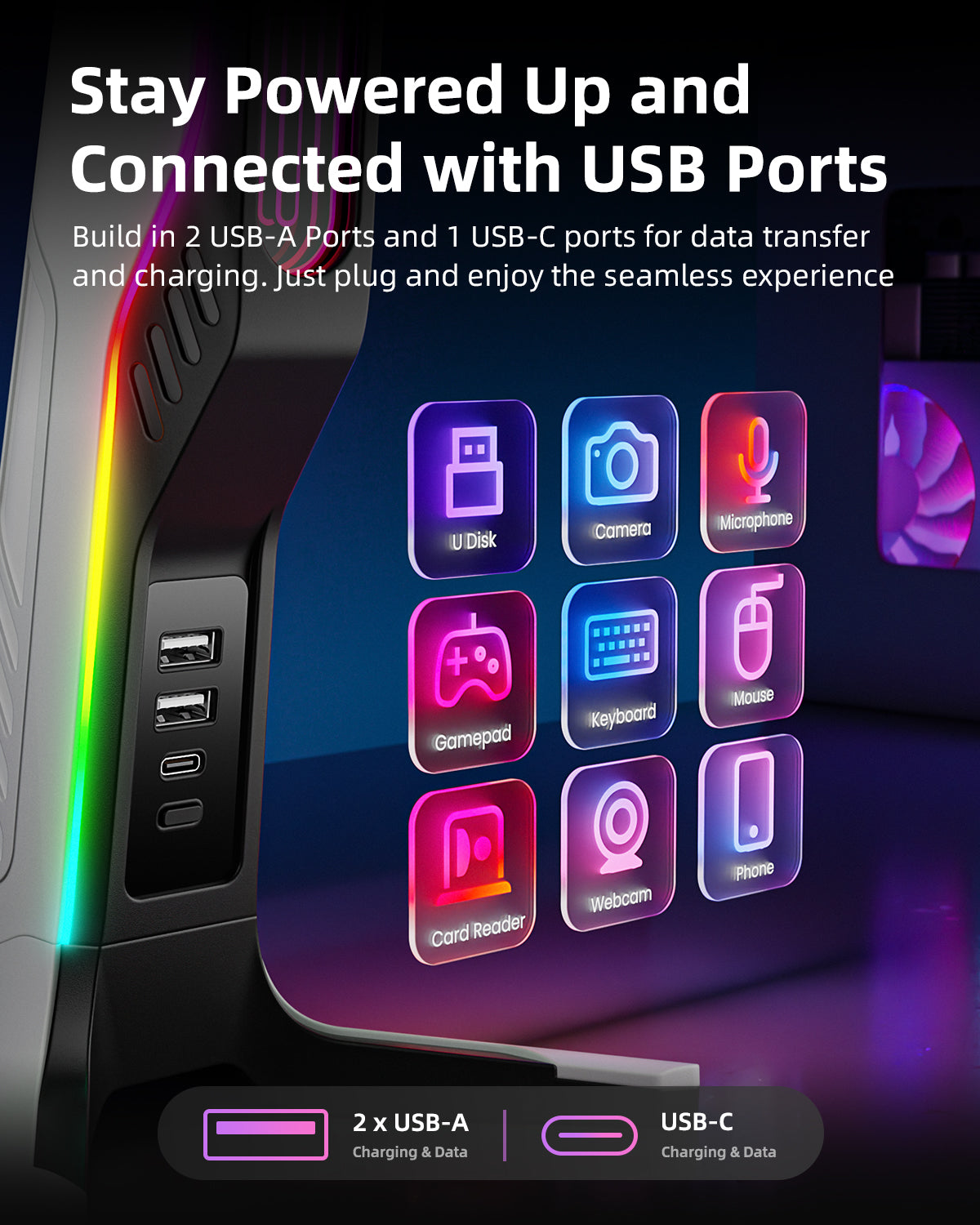 IFYOO HS-X2 RGB Gaming Headset Stand with 2 USB and 1 Type-C Ports, Game Headphone Mount for PC Computer, Xbox One, Xbox Series S/X, PS5, PS4, Earphone Holder Hanger, Desk Gamer Accessories