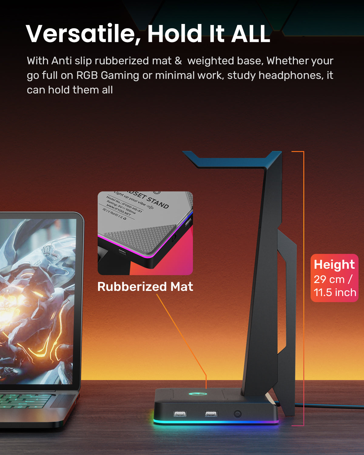 IFYOO HS-X1 RGB Gaming Headset Stand with 2 USB Ports, Game Headphone Mount for PC, Xbox One, PS4, PS5, Switch, Earphone Holder Hanger, Great for Gaming Stations, Fancy Desk Gamer Accessories