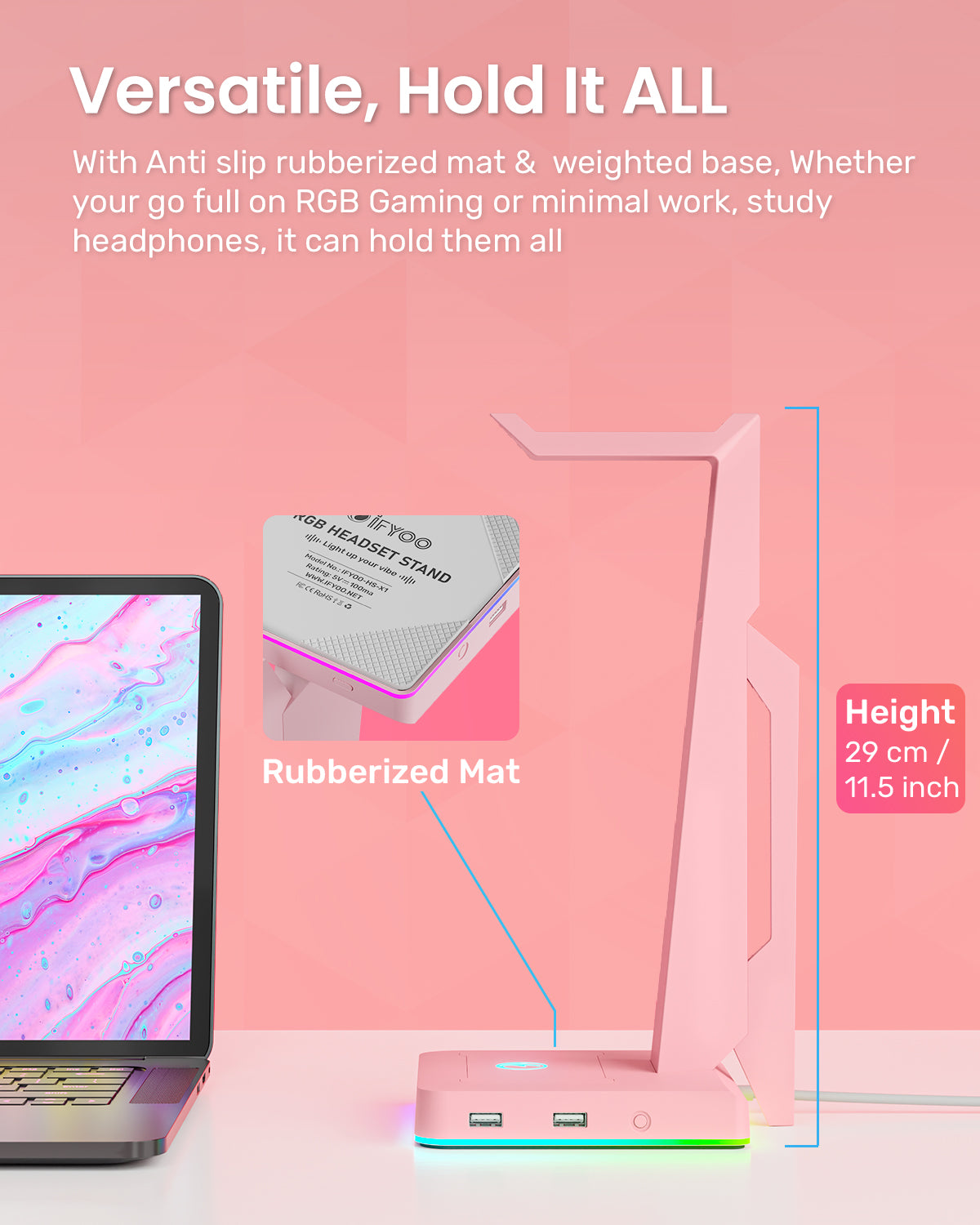 IFYOO HS-X1 RGB Gaming Headset Stand with 2 USB Ports, Game Headphone Mount for PC, Xbox One, PS4, PS5, Switch, Earphone Holder Hanger, Great for Gaming Stations, Fancy Desk Gamer Accessories