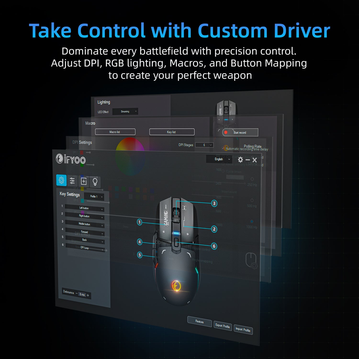 IFYOO G03 RGB Wireless Rechargeable Gaming Mouse, 2.4G/Wired Dual Mode Game Mice,PAW3395 Sensor, 26K DPI, Replaceable L/R Switches, Swappable Top Case, 80g Lightweight, 6 Programmable Buttons - Black