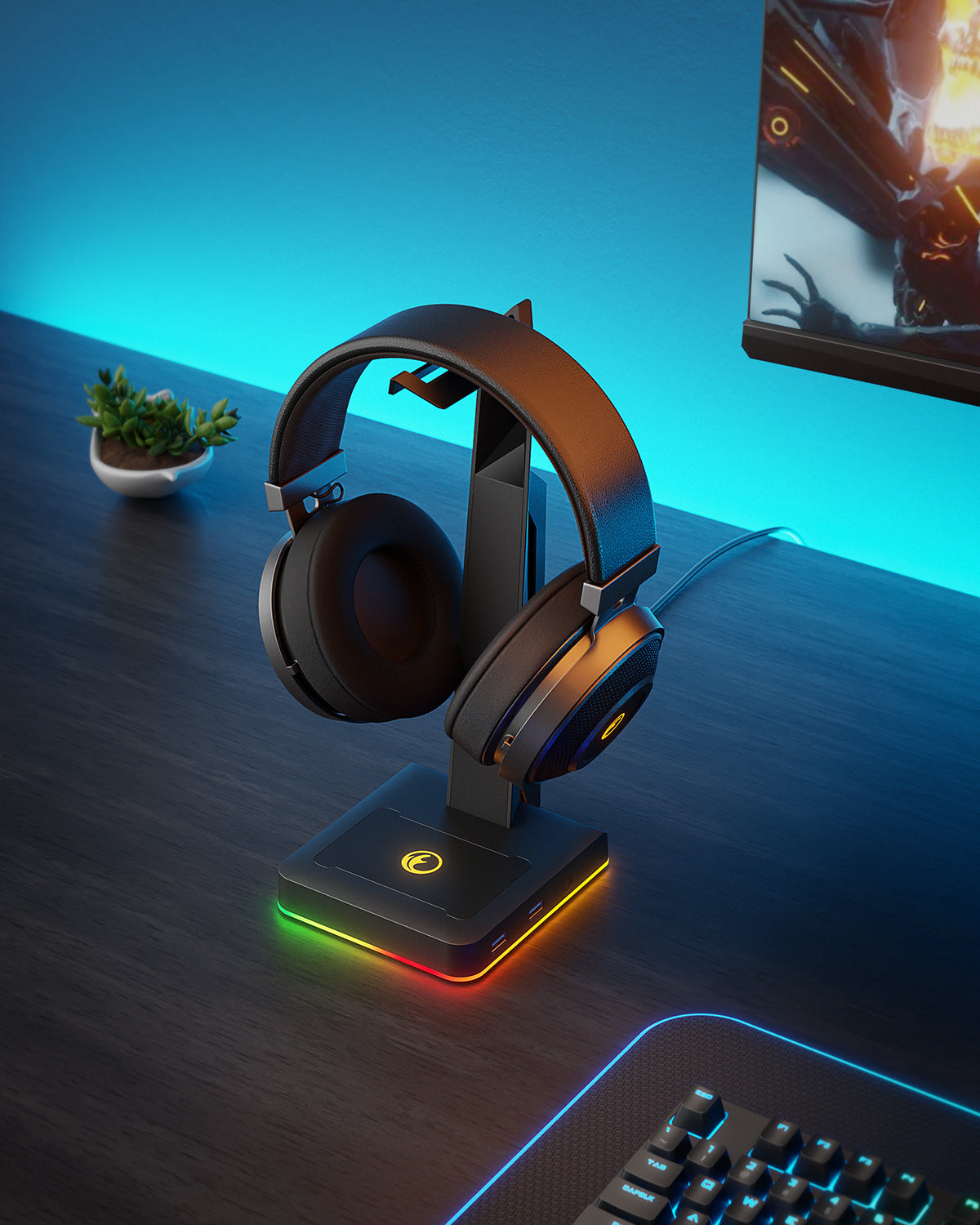 IFYOO HS-X1 RGB Gaming Headset Stand with 2 USB Ports, Game Headphone Mount for PC, Xbox One, PS4, PS5, Switch, Earphone Holder Hanger, Great for Gaming Stations, Fancy Desk Gamer Accessories
