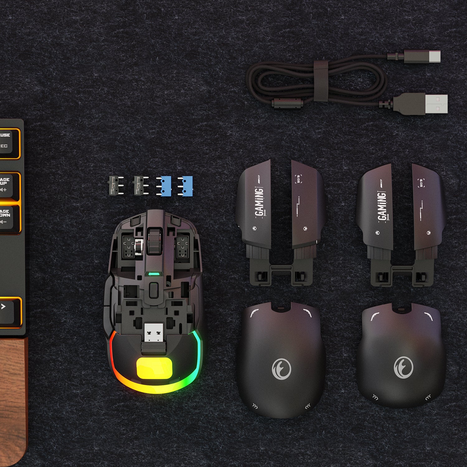 IFYOO G03 RGB Wireless Rechargeable Gaming Mouse, 2.4G/Wired Dual Mode Game Mice,PAW3395 Sensor, 26K DPI, Replaceable L/R Switches, Swappable Top Case, 80g Lightweight, 6 Programmable Buttons - Black