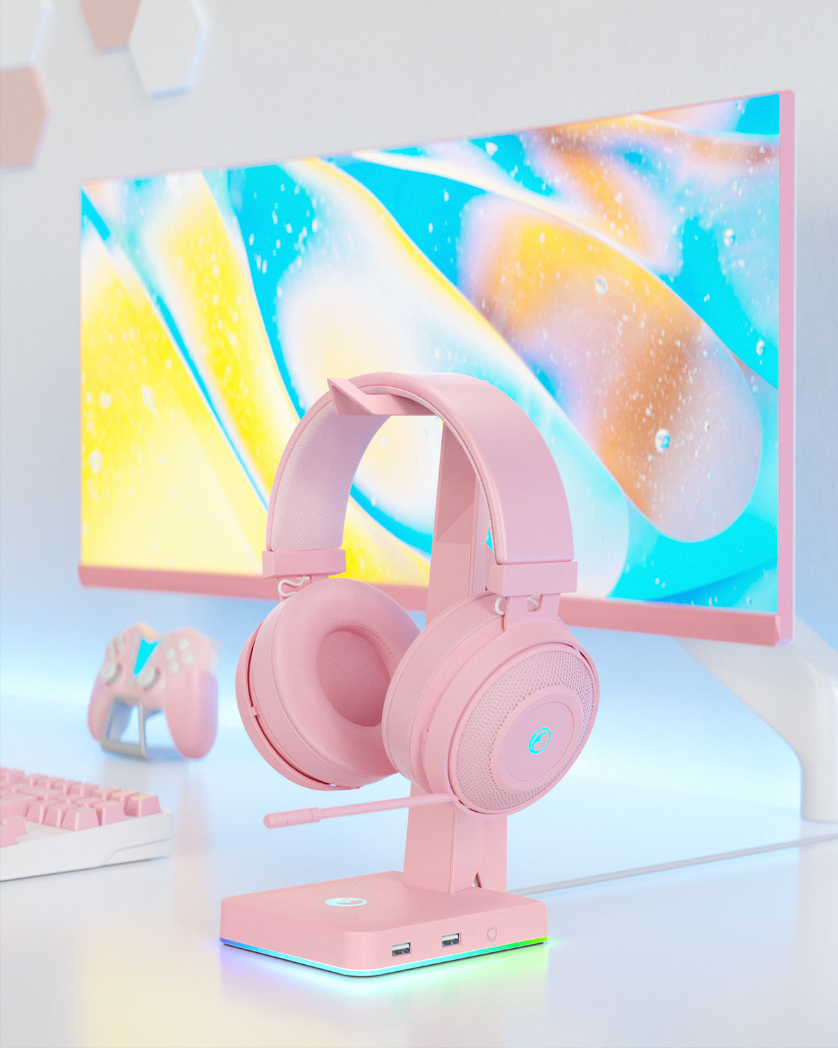 IFYOO HS-X1 RGB Gaming Headset Stand with 2 USB Ports, Game Headphone Mount for PC, Xbox One, PS4, PS5, Switch, Earphone Holder Hanger, Great for Gaming Stations, Fancy Desk Gamer Accessories