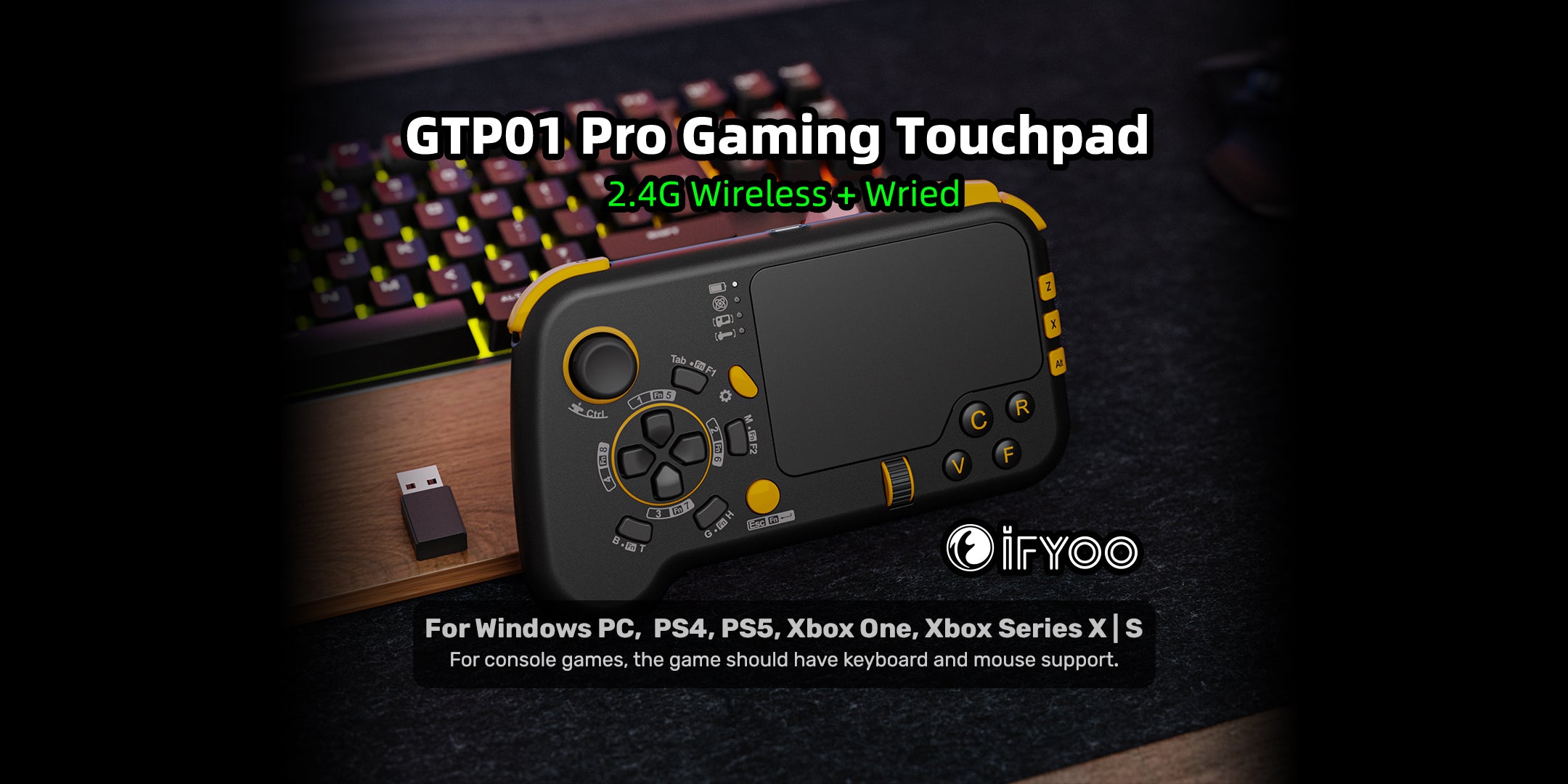 IFYOO GTP01 2.4G WIRELESS GAMING TOUCHPAD WITH GYRO, KEYBOARD AND MOUSE WITH TRACKPAD FUNCTION GAME CONTROLLER GAMEPAD SHAPE FOR XBOX SERIES X/S, XBOX ONE, PS5, PS4, STEAM, PC WINDOWS 11 10 - BLACK&YELLOW