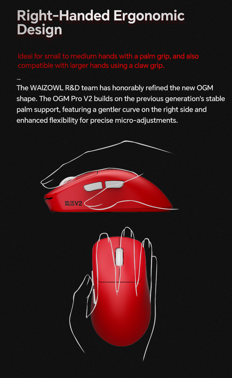 WAIZOWL OGM Pro V2 Wireless Gaming Mouse, 2.4G/BT/Wired TrI-Mode, PAW3950 Sensor, 49g Lightweight, 8K Polling Rate, Max 26K DPI, Right-Handed Ergonomic Design