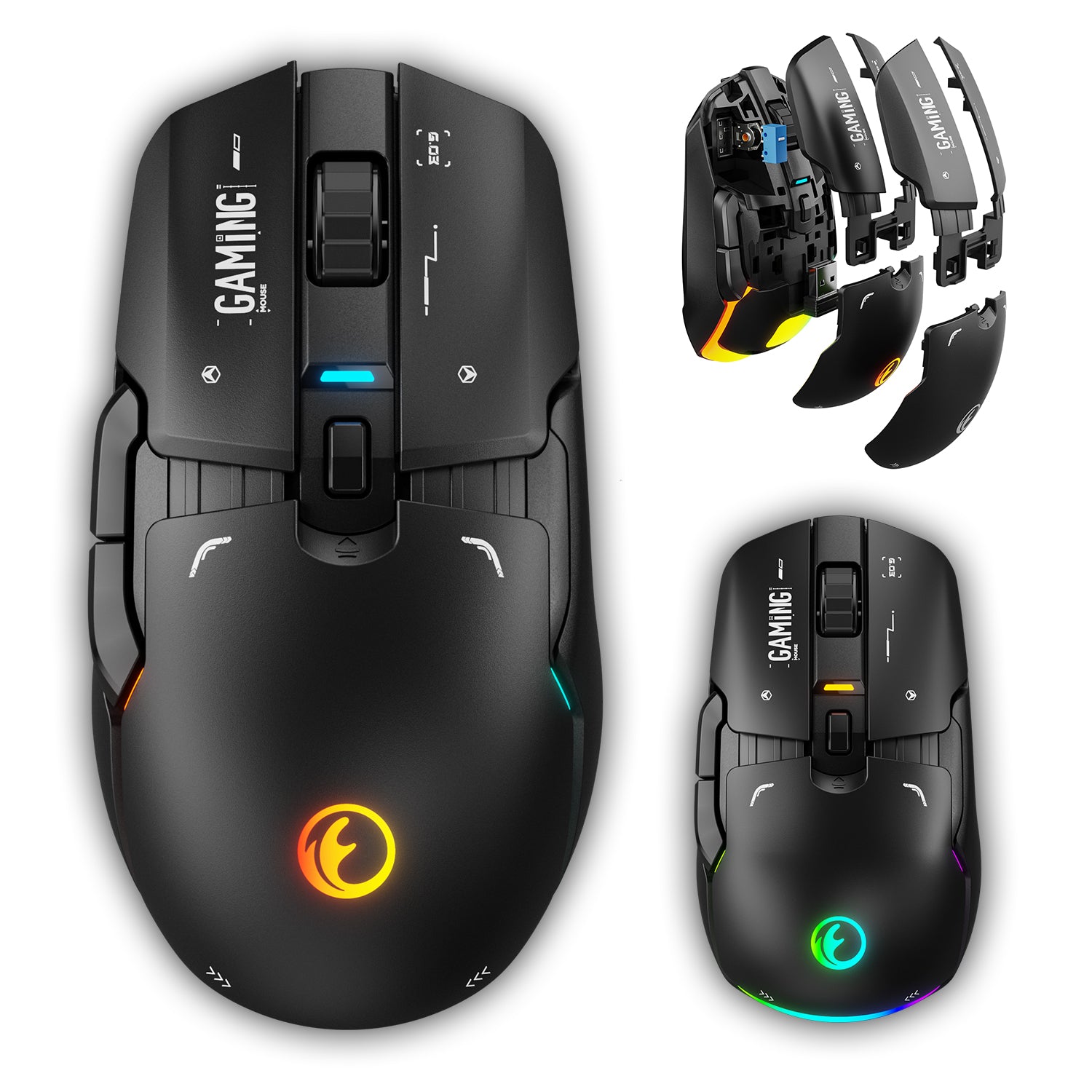 IFYOO G03 RGB Wireless Rechargeable Gaming Mouse, 2.4G/Wired Dual Mode Game Mice，PAW3395 Sensor, 26K DPI, Replaceable L/R Switches, Swappable Top Case, 80g Lightweight, 6 Programmable Buttons - Black