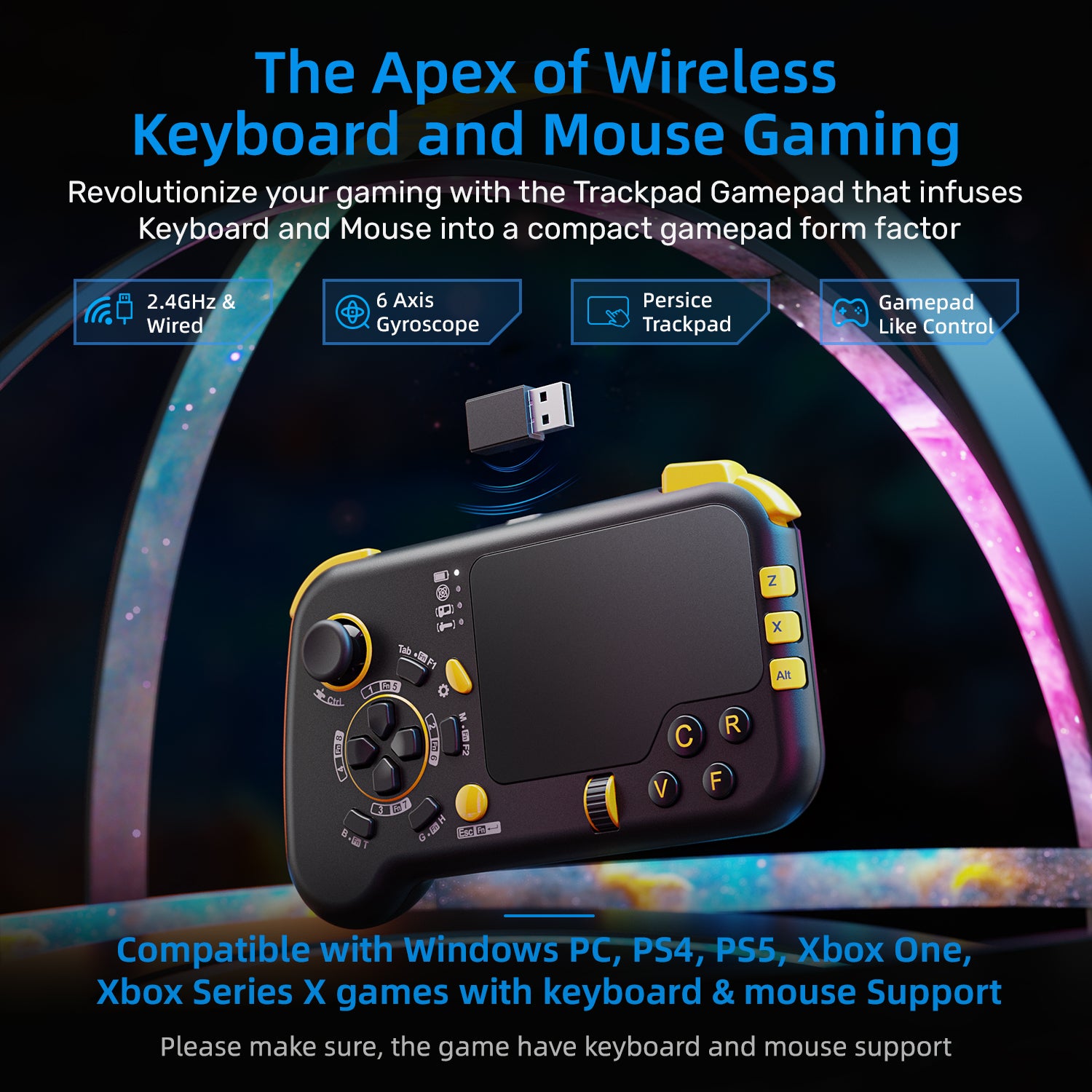 IFYOO GTP01 2.4G Wireless Gaming Touchpad with Gyro, Keyboard and Mouse with Trackpad Function Game Controller Gamepad Shape for Xbox Series X/S, Xbox One, PS5, PS4, Steam, PC Windows 11 10