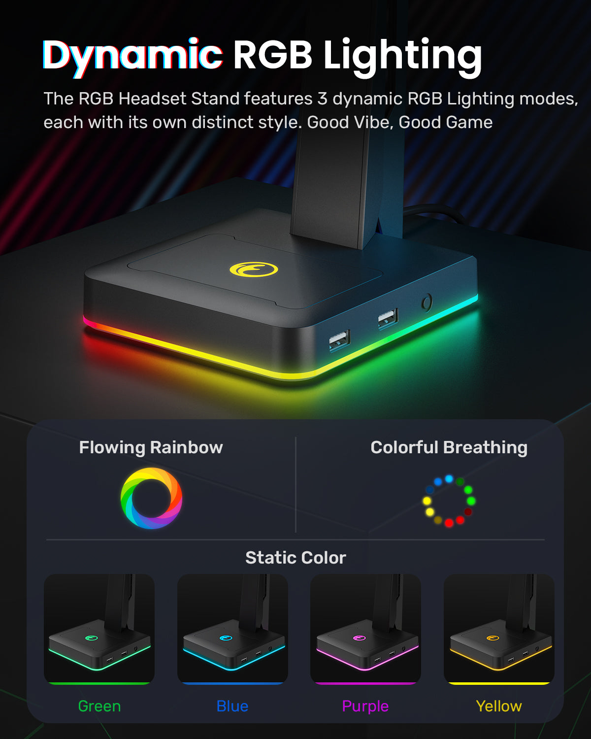 IFYOO HS-X1 RGB Gaming Headset Stand with 2 USB Ports, Game Headphone Mount for PC, Xbox One, PS4, PS5, Switch, Earphone Holder Hanger, Great for Gaming Stations, Fancy Desk Gamer Accessories