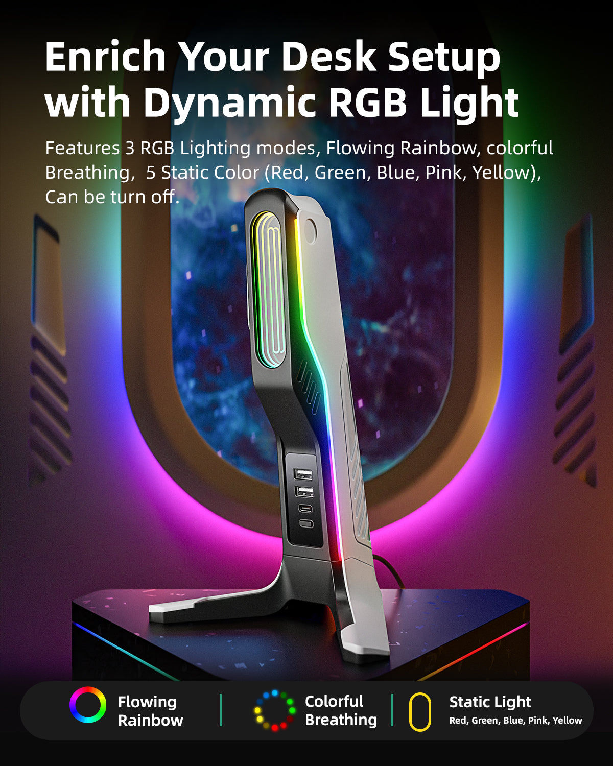 IFYOO HS-X2 RGB Gaming Headset Stand with 2 USB and 1 Type-C Ports, Game Headphone Mount for PC Computer, Xbox One, Xbox Series S/X, PS5, PS4, Earphone Holder Hanger, Desk Gamer Accessories