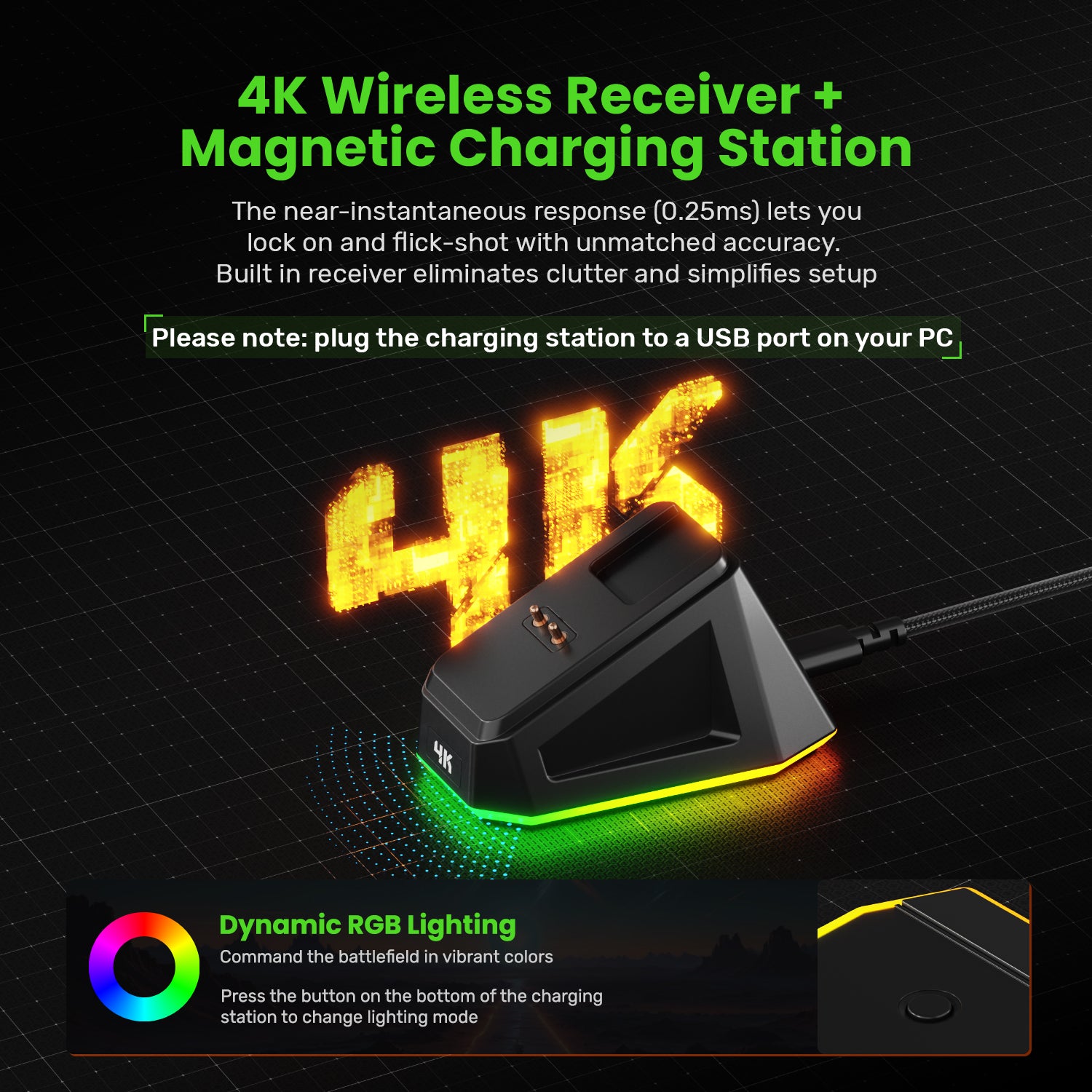 IFYOO G63 2.4G/BT/Wired Tri-Mode 4K Wireless Gaming Mouse, PAW3395 Sensor, 58g Lightweight, 4000 Polling Rate, 26K DPI, 5 Programmable Buttons, RGB Magnetic Charging Dock with Wireless Receiver