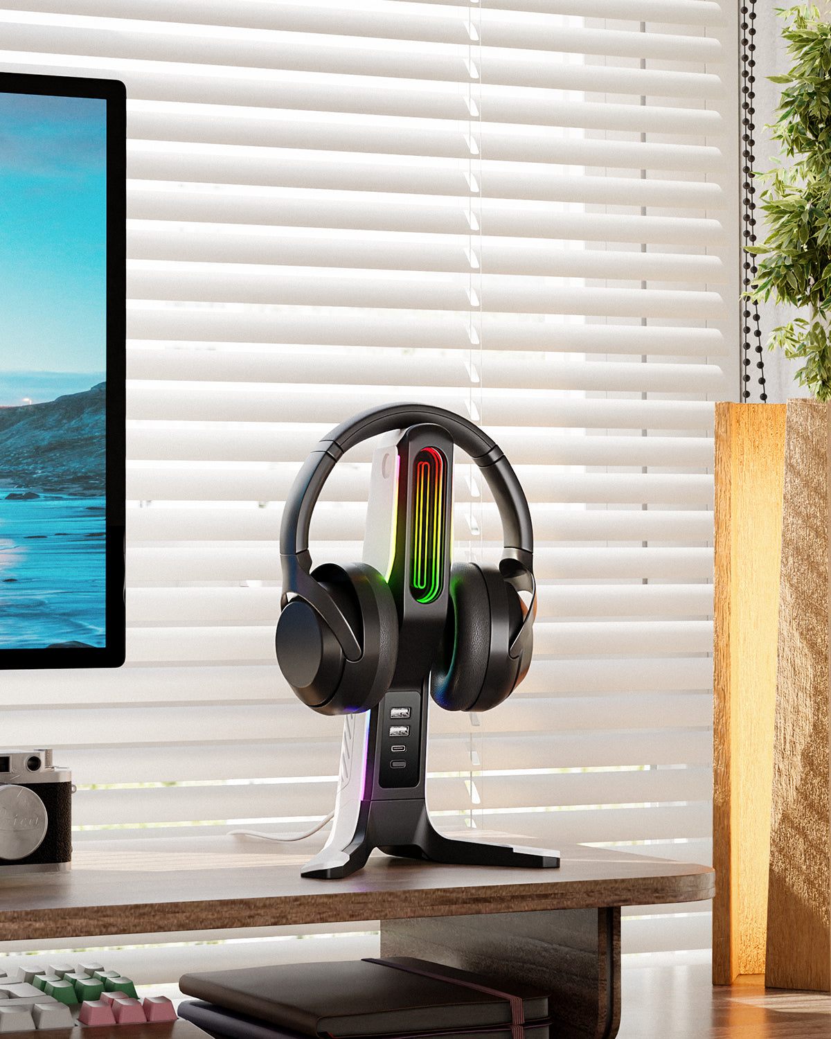 IFYOO HS-X2 RGB Gaming Headset Stand with 2 USB and 1 Type-C Ports, Game Headphone Mount for PC Computer, Xbox One, Xbox Series S/X, PS5, PS4, Earphone Holder Hanger, Desk Gamer Accessories